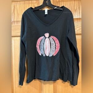 District Very Important Tee Patchwork Pumpkin Long Sleeve Shirt Women’s L Large